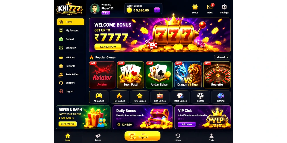 THE IMAGE SHOW THE HOME SCREEEN OF KHI777 GAME AND IMFORMATION ABOU ALL GAMES